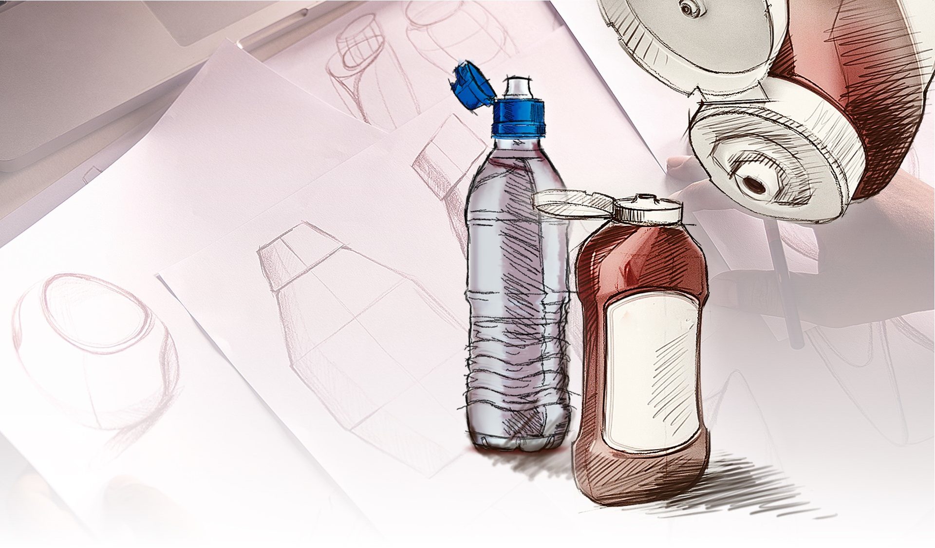 Product sketches of sports drink bottle and ketchup bottle with closures